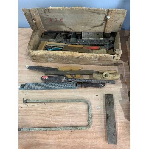 475 - 2 VINTAGE WOODEN TOOL BOXES WITH TOOLS INC PLANES ETC