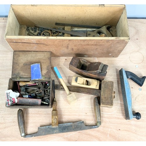 475 - 2 VINTAGE WOODEN TOOL BOXES WITH TOOLS INC PLANES ETC