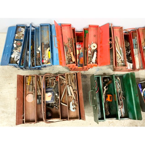 476 - 7 METAL CANTILEVER  TOOL BOXES WITH VARIOUS TOOLS & HARDWARE