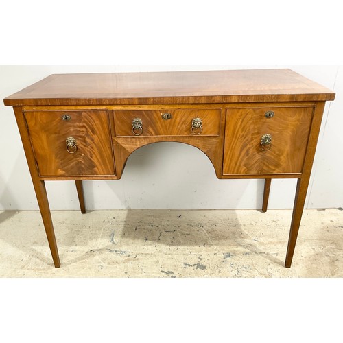 519 - GEORGIAN  INLAID MAHOGANY SIDEBOARD WITH  CELLARETTE DRAWER , LION MASK BRASS HANDLES, TAPERED LEGS ... 