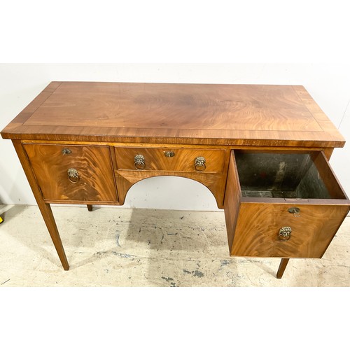 519 - GEORGIAN  INLAID MAHOGANY SIDEBOARD WITH  CELLARETTE DRAWER , LION MASK BRASS HANDLES, TAPERED LEGS ... 