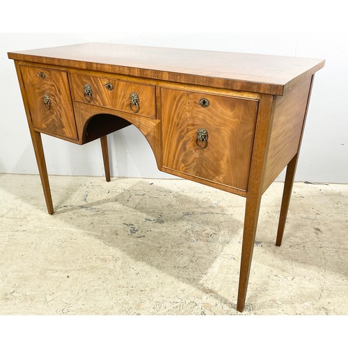 519 - GEORGIAN  INLAID MAHOGANY SIDEBOARD WITH  CELLARETTE DRAWER , LION MASK BRASS HANDLES, TAPERED LEGS ... 