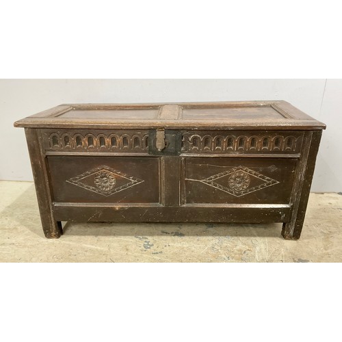 628 - CARVED OAK COFFER WIDTH 122cm