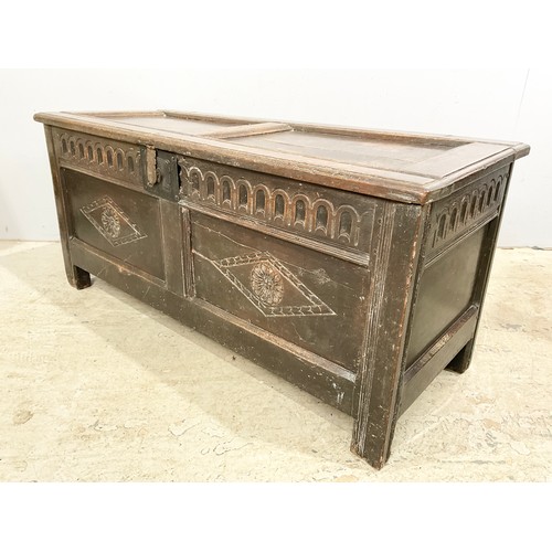 628 - CARVED OAK COFFER WIDTH 122cm