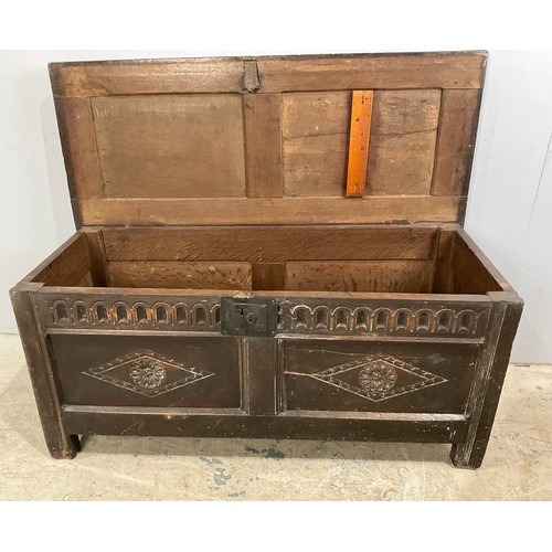 628 - CARVED OAK COFFER WIDTH 122cm