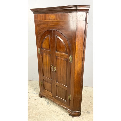 605 - STANDING GEORGIAN  INLAID MAHOGANY CORNER CUPBOARD 148cm TALL