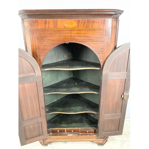 605 - STANDING GEORGIAN  INLAID MAHOGANY CORNER CUPBOARD 148cm TALL