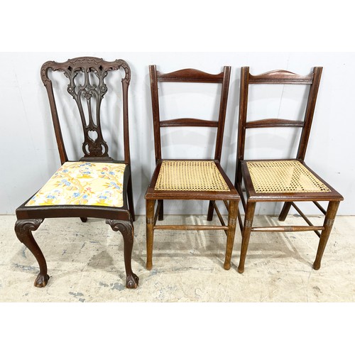 663 - CHIPPENDALE STYLE CHAIR WITH 2 BEDROOM CHAIRS WITH CANE SEATS