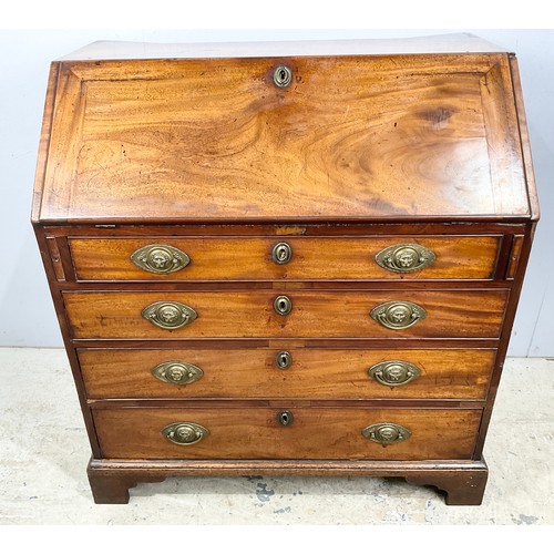 580 - GOOD QUALITY GEORGIAN MAHOGANY FALL FRONT BUREAU WITH GOOD FITTED INTERIOR AND LION MASK HANDLES WID... 