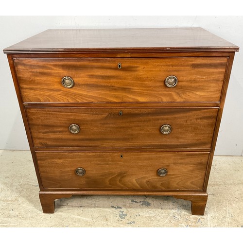 578 - MAHOGANY CHEST OF THREE LONG DRAWERS ON BRACKET FEET WIDTH 92cm