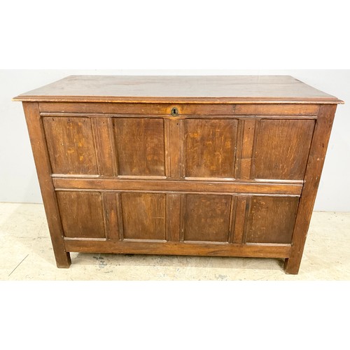 522 - OAK PANELLED CHEST LINED WITH HEREFORD TIMES NEWSPAPERS WIDTH 137cm , 97cm TALL