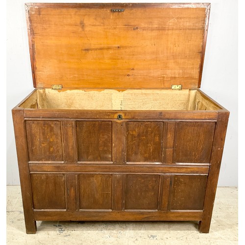 522 - OAK PANELLED CHEST LINED WITH HEREFORD TIMES NEWSPAPERS WIDTH 137cm , 97cm TALL