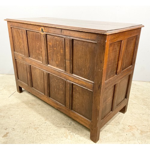 522 - OAK PANELLED CHEST LINED WITH HEREFORD TIMES NEWSPAPERS WIDTH 137cm , 97cm TALL