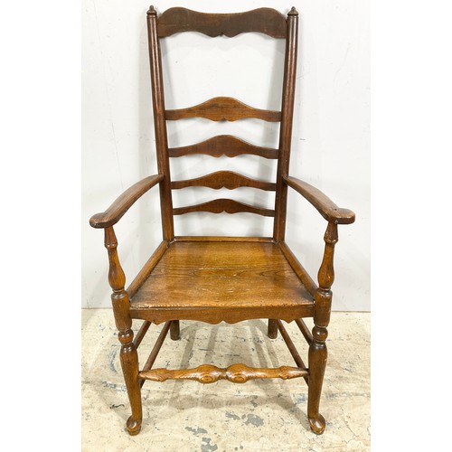 674 - LADDERBACK  ARM / CARVER CHAIR WITH BOARD SEAT & SIMILAR WITH RUSH SEAT