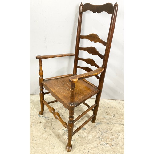 674 - LADDERBACK  ARM / CARVER CHAIR WITH BOARD SEAT & SIMILAR WITH RUSH SEAT