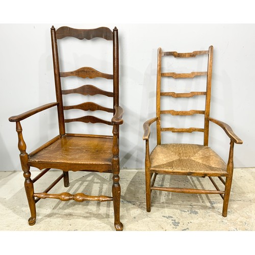 674 - LADDERBACK  ARM / CARVER CHAIR WITH BOARD SEAT & SIMILAR WITH RUSH SEAT