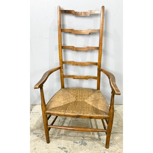 674 - LADDERBACK  ARM / CARVER CHAIR WITH BOARD SEAT & SIMILAR WITH RUSH SEAT