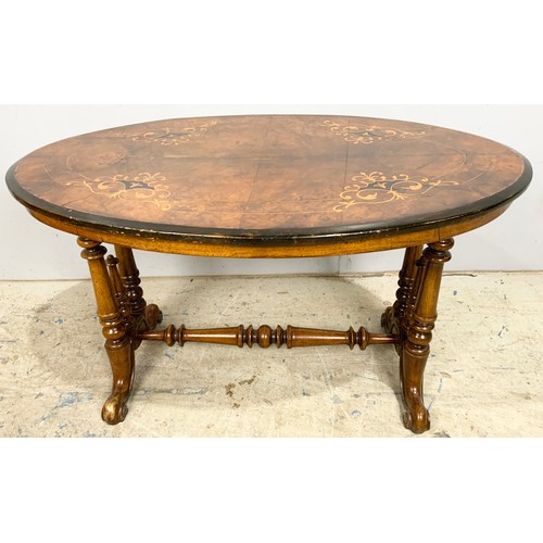 555 - WALNUT INLAID OVAL TOP OCCASIONAL TABLE 84cm x 51cm