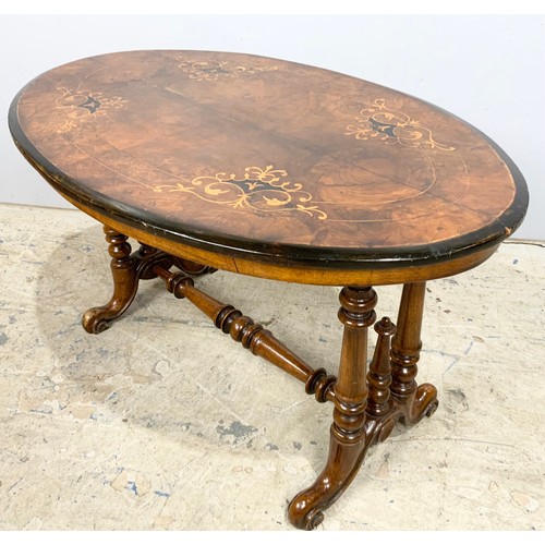 555 - WALNUT INLAID OVAL TOP OCCASIONAL TABLE 84cm x 51cm