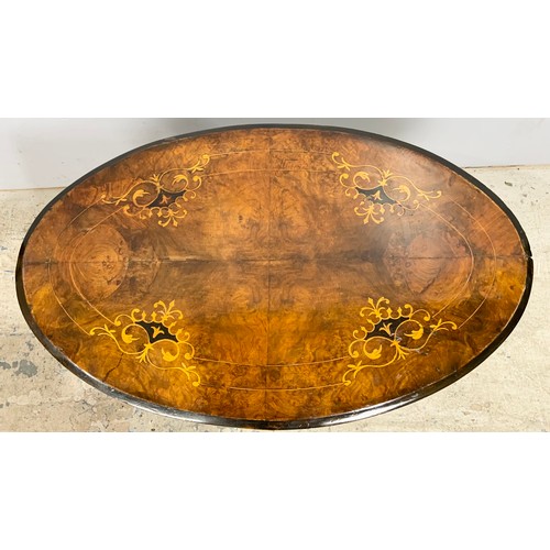 555 - WALNUT INLAID OVAL TOP OCCASIONAL TABLE 84cm x 51cm