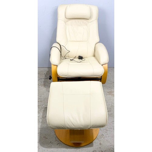 560 - ELECTRICALLY ADJUSTED CREAM LEATHER RECLINING ARMCHAIR AND MATCHING FOOT STOOL