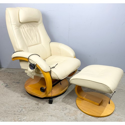 560 - ELECTRICALLY ADJUSTED CREAM LEATHER RECLINING ARMCHAIR AND MATCHING FOOT STOOL