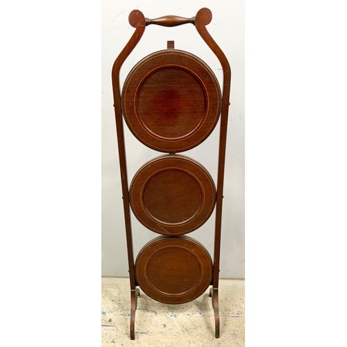 631 - INLAID MAHOGANY FOLDING CAKE STAND 89cm TALL