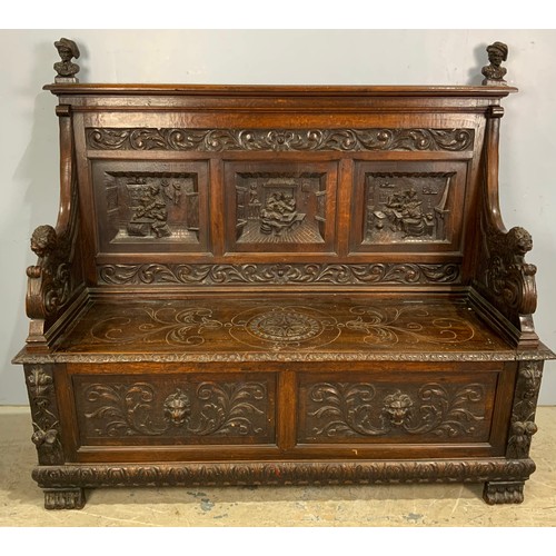 589 - IMPRESSIVE CARVED OAK SETTLE WIDTH 161cm , 145cm TALL