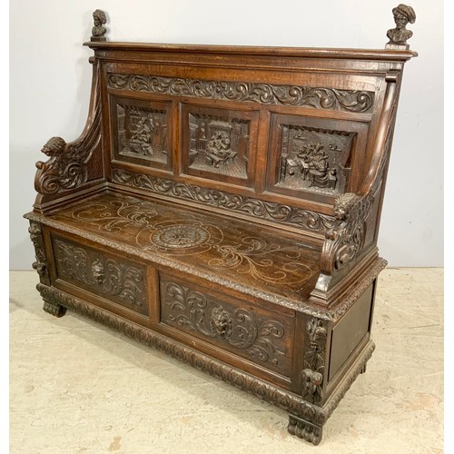 589 - IMPRESSIVE CARVED OAK SETTLE WIDTH 161cm , 145cm TALL