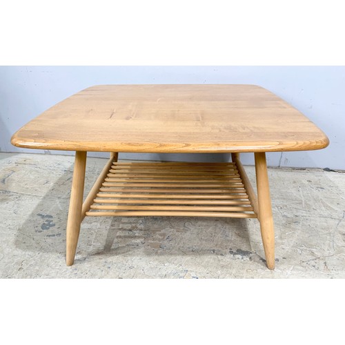 594 - ERCOL BLONDE SQUARE TOP COFFEE  TABLE WITH MAGAZINE RACK 75cm x 75cm