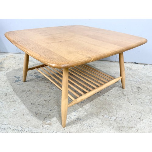 594 - ERCOL BLONDE SQUARE TOP COFFEE  TABLE WITH MAGAZINE RACK 75cm x 75cm