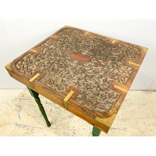 574 - UNUSUAL CARVED TOP TABLE 52cm x 48cm. Height is 71cm