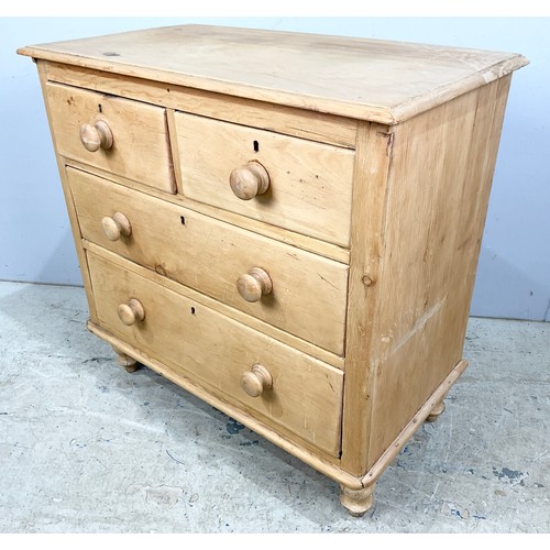 618 - TWO OVER TWO PINE CHEST OF DRAWERS  ON TURNED FEET WIDTH 91cm