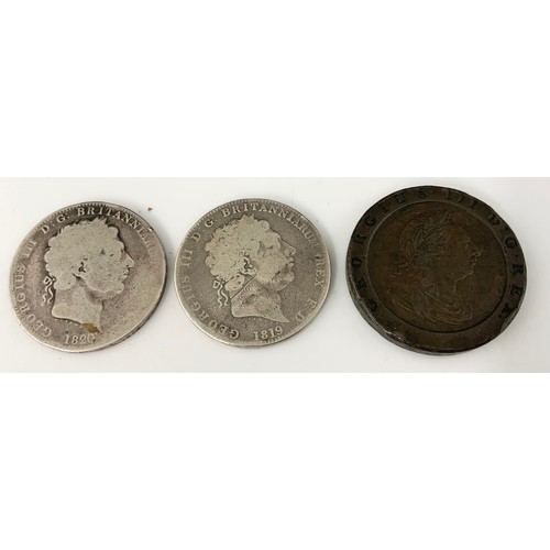 411 - GEORGE III CROWNS, 1819 & 1820 TOGETHER WITH 1797 TWOPENCE