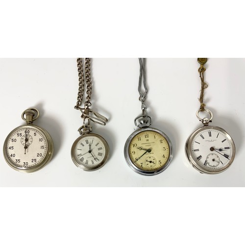 430 - SILVER CASED KENDAL & DENT POCKET WATCH, INGERSOLL POCKET WATCH, ONE OTHER AND A STOPWATCH