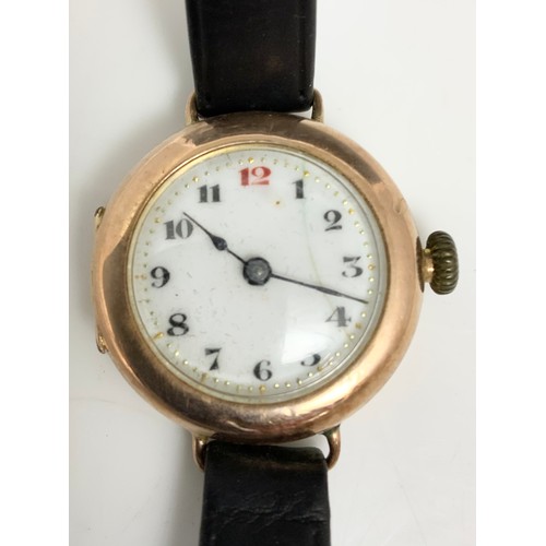 455 - 9ct GOLD CASED ENAMELLED DIAL WRIST WATCH