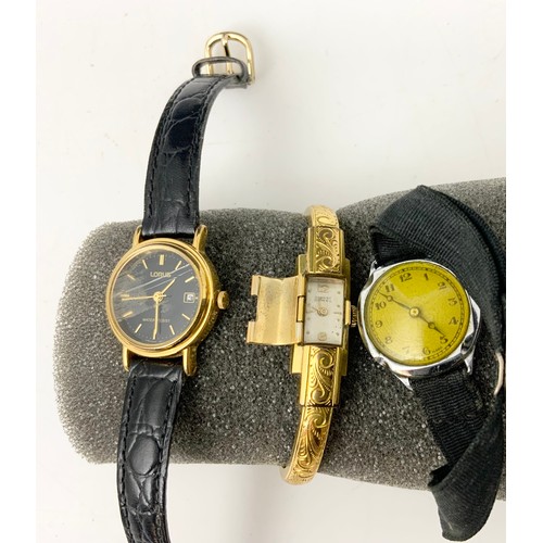 449 - NIVADA WATCH IN CASE MARKED 14 K , LADIES TISSOT IN 9ct GOLD CASE, A ENEST BOREL ON GOLD PLATED STRA... 