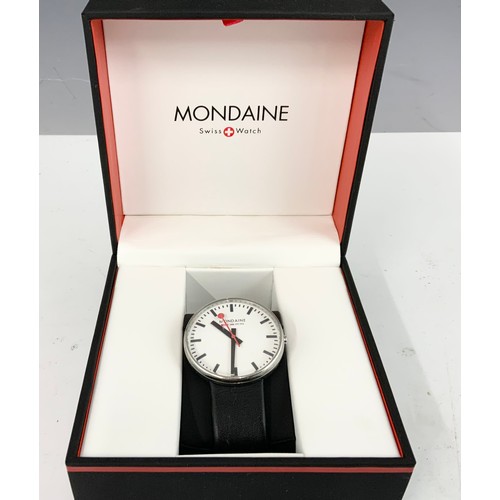 463 - A MONDAINE OF SWITZERLAND STAINLESS STEEL CASED WRISTWATCH, FACED BY A BATON DIAL, ON A BLACK HIDE S... 