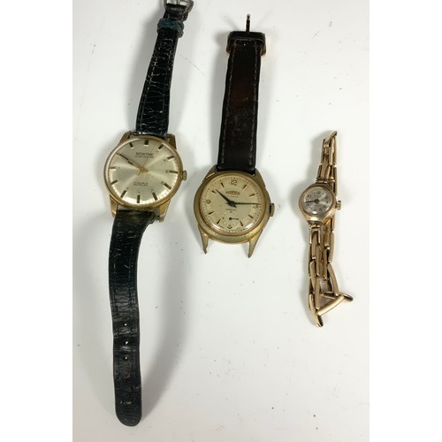 451 - LADIES GOLD AVIA WRISTWATCH ON EXPANDING STRAP, GENTS VINTAGE MONTINE WRIST WATCH AND A ROAMER DITTO