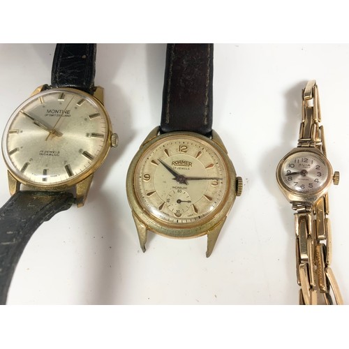 451 - LADIES GOLD AVIA WRISTWATCH ON EXPANDING STRAP, GENTS VINTAGE MONTINE WRIST WATCH AND A ROAMER DITTO