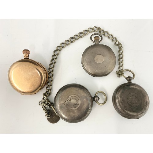 433 - 3 SILVER CASED POCKET WATCHES, ONE WITH ALBERT CHAIN AND A STAR GOLD PLATED WATCH CASE