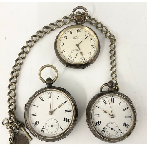 433 - 3 SILVER CASED POCKET WATCHES, ONE WITH ALBERT CHAIN AND A STAR GOLD PLATED WATCH CASE