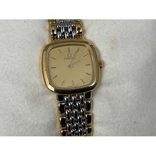 452 - LADIES OMEGA DEVILLE WRIST WATCH, SQUARE CHAMPAGNE DIAL ON BIMETAL STRAP WITH ORIGINAL BOX AND PAPER... 