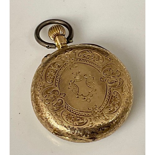 435 - LADIES 14K GOLD CASED OPEN FACE POCKET WATCH, APPROX. 26.8g gross