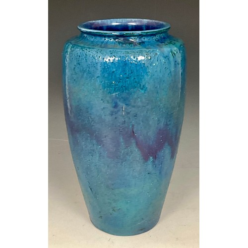 67 - POSSIBLY EARLY RUSKIN BLUE GLAZED VASE OF SHOULDERED OVOID FORM, APPROX. 35 cm, chip to base