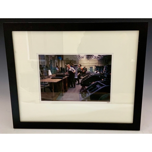 43 - TWO FRAMED PICTURES, A NEW MORGAN BEING DISPATCHED JUNE 1970 & BODY PANELING SHOP 1969