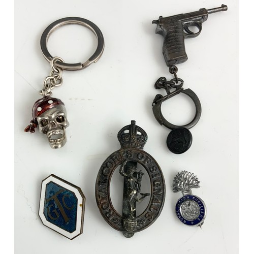 505 - MISC. ITEMS INC. SILVER SKULL KEY RING WITH ARTICULATED JAW, PISTOL KEY RING, MILITARIA INC. ROYAL C... 