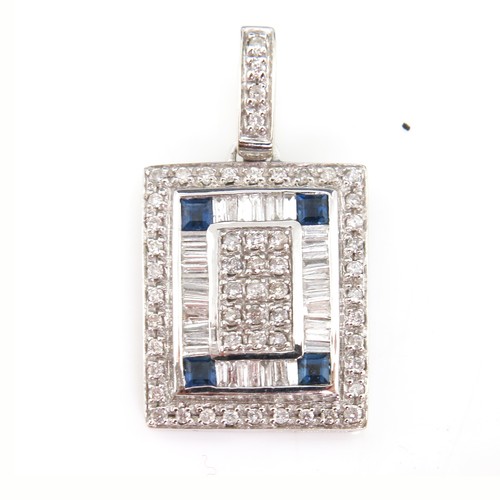 534 - ART DECO STYLE BRILLIANT CUT AND BAGUETTE CUT DIAMOND AND SAPPHIRE RECTANGULAR PENDANT ON PLATINUM, ... 