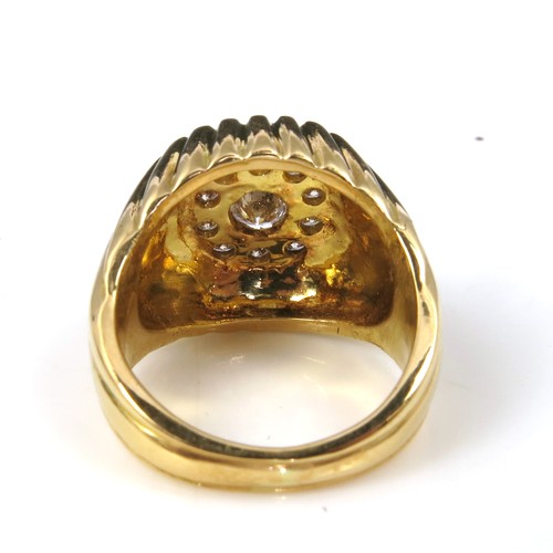 605 - GENTS GOLD DIAMOND CLUSTER SIGNET RING, POSSIBLY STAMPED 750, APPROX. 17g, BYGONES OF WORCESTER