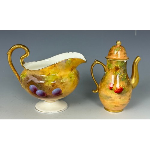 70 - ROYAL WORCESTER CREAM JUG, HAND PAINTED WITH FALLEN FRUIT (no backstamp) TOGETHER WITH A MINIATURE C... 